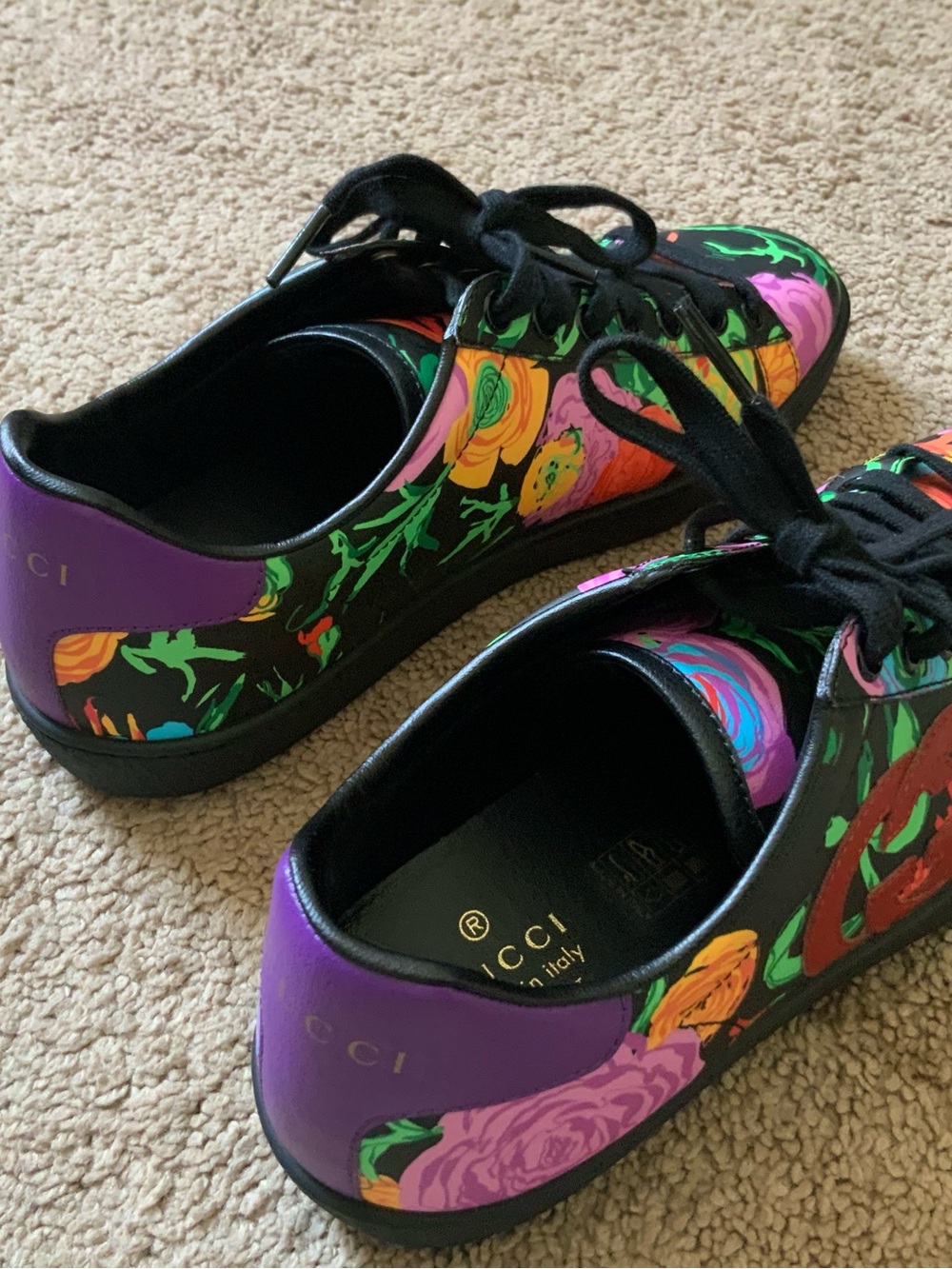 Gucci X Ken Scott Ace Women’s Black Casual Floral Logo Leather Sneakers Size 37 - Picture 5 of 13